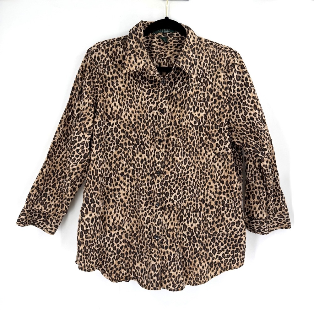 Lauren Ralph Lauren Button Down Women XL Brown Leopard Print Cotton Mob Wife